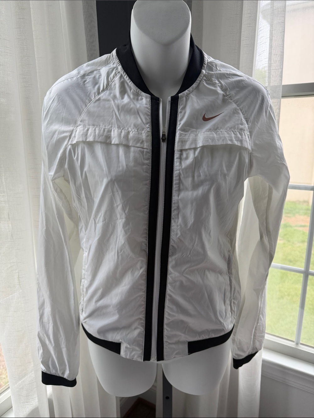 Nike White Bomber Jacket with Black Trim and Rose Gold Swoosh